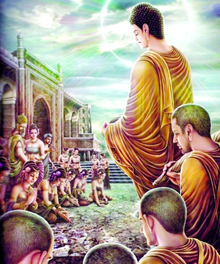 Đức Phật về thăm hoàng cung. Tranh: PGNN